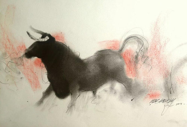 Animals charcoal drawing titled 'Bull 1', 15x20 inches, by artist Ganesh Hire on Paper