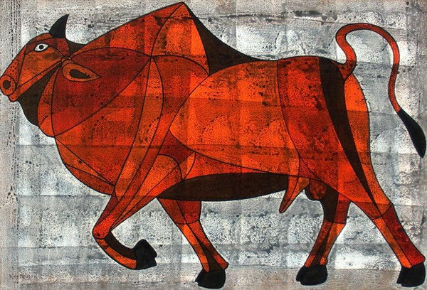 Animals acrylic painting titled 'Bull 12', 34x36 inches, by artist Vijay Belde on Canvas