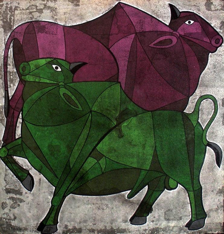 Animals acrylic painting titled 'Bull 13', 24x24 inches, by artist Vijay Belde on Canvas