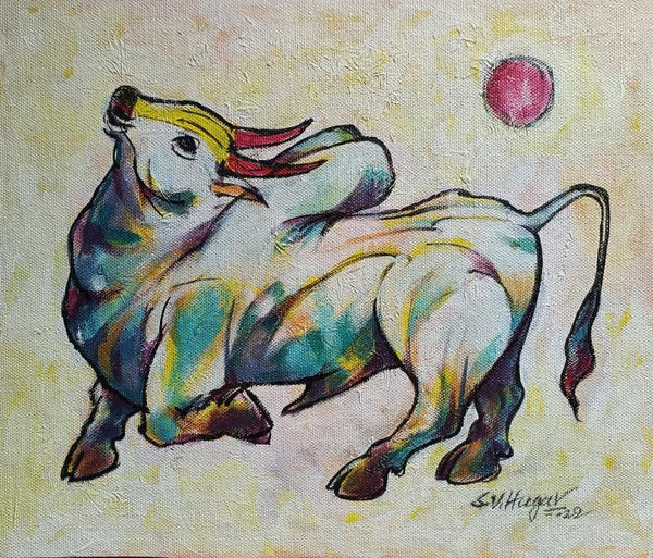 Animals acrylic painting titled 'Bull 15', 10x12 inches, by artist Shivu Hugar on Board