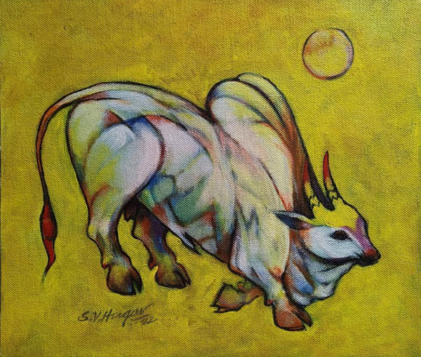 Animals acrylic painting titled 'Bull 16', 10x12 inches, by artist Shivu Hugar on Board