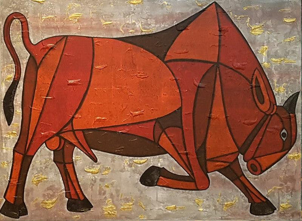 Animals acrylic painting titled 'Bull 17', 36x48 inches, by artist Vijay Belde on Canvas