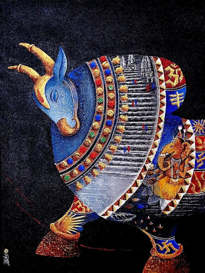 Religious acrylic painting titled 'Bull', 24x18 inch, by artist Chandrakant Tajbije on Canvas