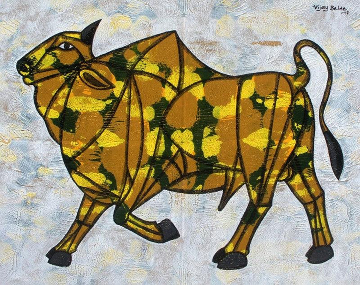 Animals acrylic painting titled 'Bull 24', 18x24 inches, by artist Vijay Belde on Canvas