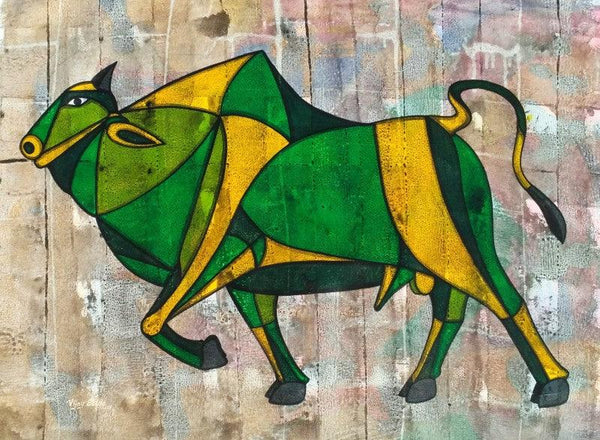 Animals acrylic painting titled 'Bull 25', 30x39 inches, by artist Vijay Belde on Canvas