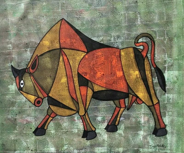 Animals acrylic painting titled 'Bull 26', 32x36 inches, by artist Vijay Belde on Canvas