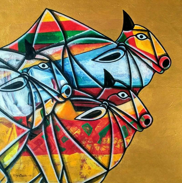 Animals acrylic painting titled 'Bull 28', 24x24 inches, by artist Vijay Belde on Canvas