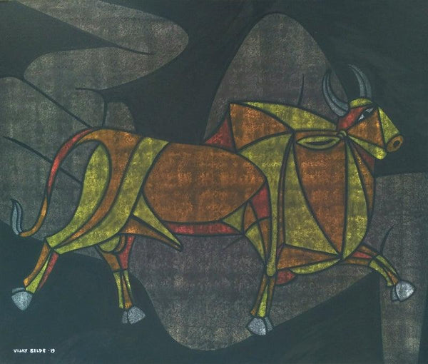 Animals acrylic painting titled 'Bull 31', 30x36 inches, by artist Vijay Belde on Canvas