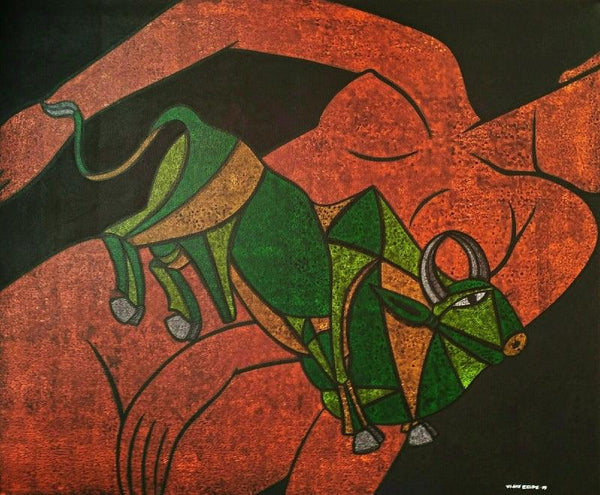 Animals acrylic painting titled 'Bull 32', 30x36 inches, by artist Vijay Belde on Canvas