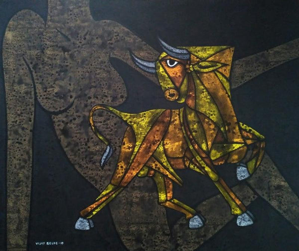 Animals acrylic painting titled 'Bull 33', 30x36 inches, by artist Vijay Belde on Canvas