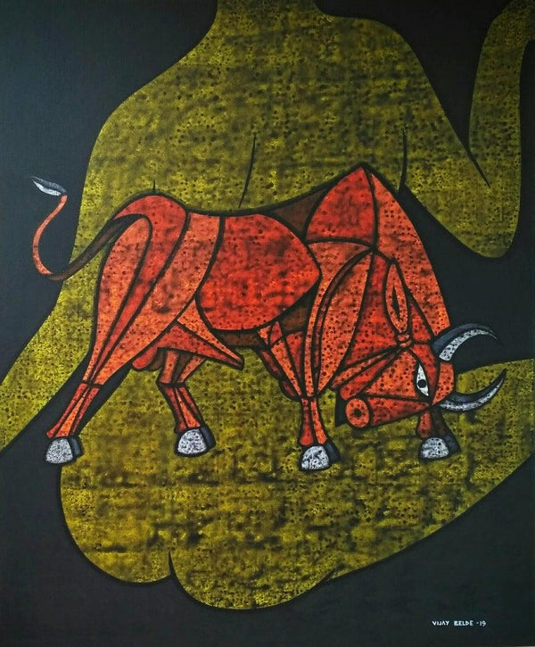 Animals acrylic painting titled 'Bull 34', 36x30 inches, by artist Vijay Belde on Canvas