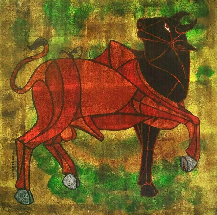 Animals acrylic painting titled 'Bull 35', 30x36 inches, by artist Vijay Belde on Canvas