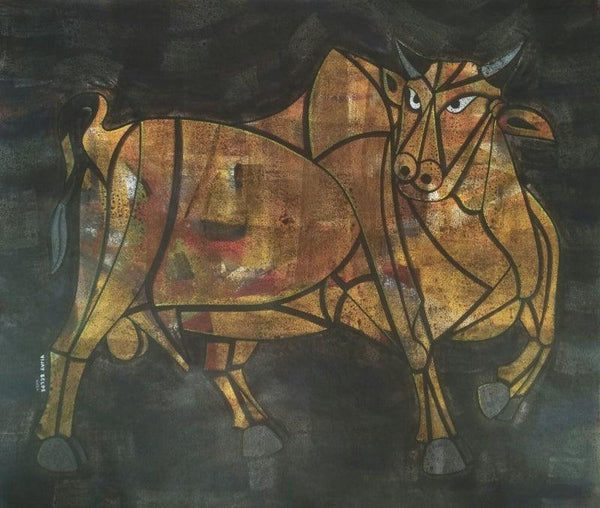 Animals acrylic painting titled 'Bull 36', 30x36 inches, by artist Vijay Belde on Canvas