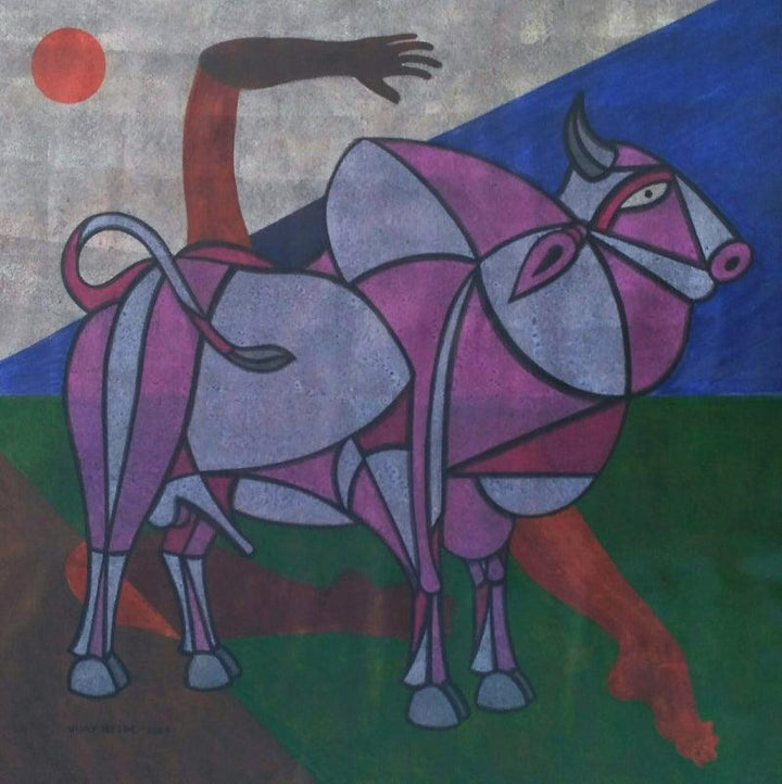 Animals acrylic painting titled 'Bull 37', 36x30 inches, by artist Vijay Belde on Canvas