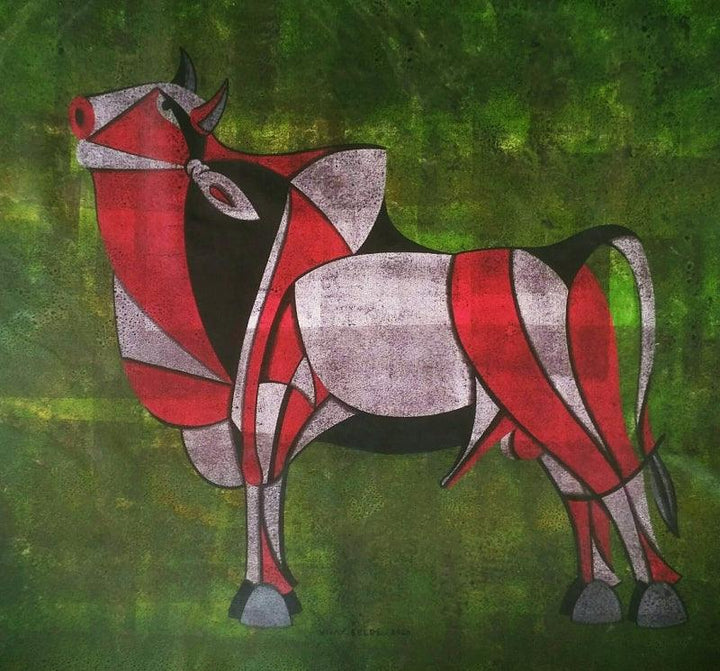 Animals acrylic painting titled 'Bull 38', 36x30 inches, by artist Vijay Belde on Canvas