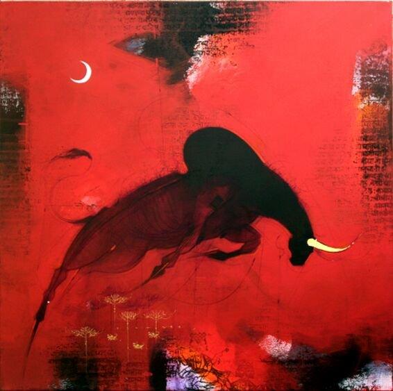 Animals mixed media painting titled 'Bull 4', 24x24 inches, by artist Amol Pawar on canvas