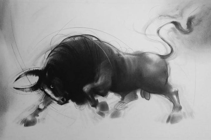 Animals charcoal painting titled 'Bull 6', 14x20 inches, by artist Ganesh Hire on Paper