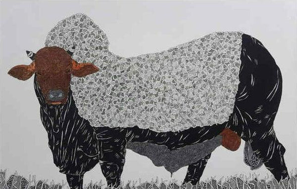 Animals pen drawing titled 'Bull 7', 24x36 inches, by artist Rama Krishna V on Canvas