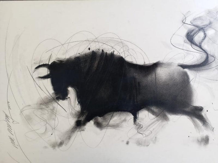 Animals charcoal painting titled 'Bull 8', 14x20 inches, by artist Ganesh Hire on Paper