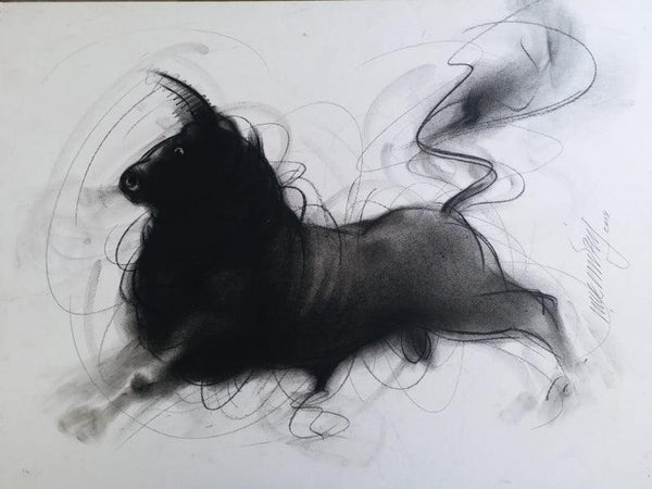 Animals charcoal painting titled 'Bull 9', 14x20 inches, by artist Ganesh Hire on Paper