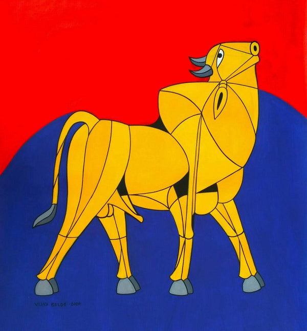 Animals acrylic painting titled 'Bull 90', 36x30 inches, by artist Vijay Belde on Canvas