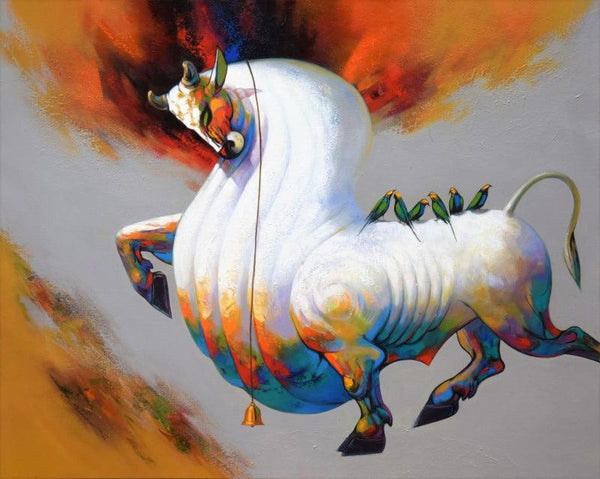 Animals acrylic painting titled 'Bull And Birds', 48x60 inches, by artist Shankar Gojare on Canvas