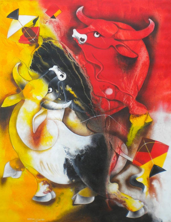 Animals acrylic painting titled 'Bull And Kite', 48x36 inches, by artist Uttam Manna on Canvas