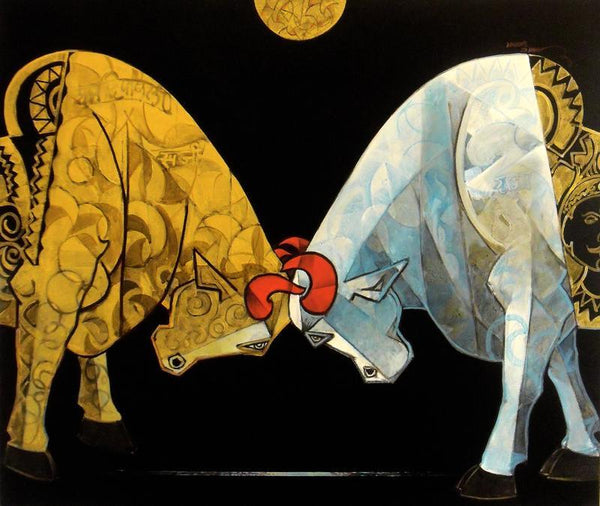 Animals acrylic painting titled 'Bull Bendur', 36x30 inches, by artist Dinkar Jadhav on Canvas