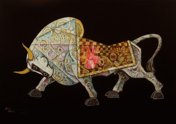 Animals acrylic painting titled 'Bull Celebration XII', 42x30 inches, by artist Dinkar Jadhav on Canvas