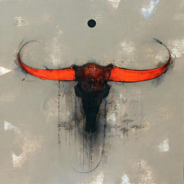 Animals mixed media painting titled 'Bull Face', 36x36 inches, by artist Amol Pawar on canvas