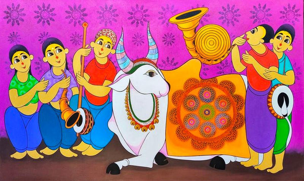 Figurative acrylic painting titled 'Bull festivel', 36x60 inches, by artist Dnyaneshwar Bembade on Canvas