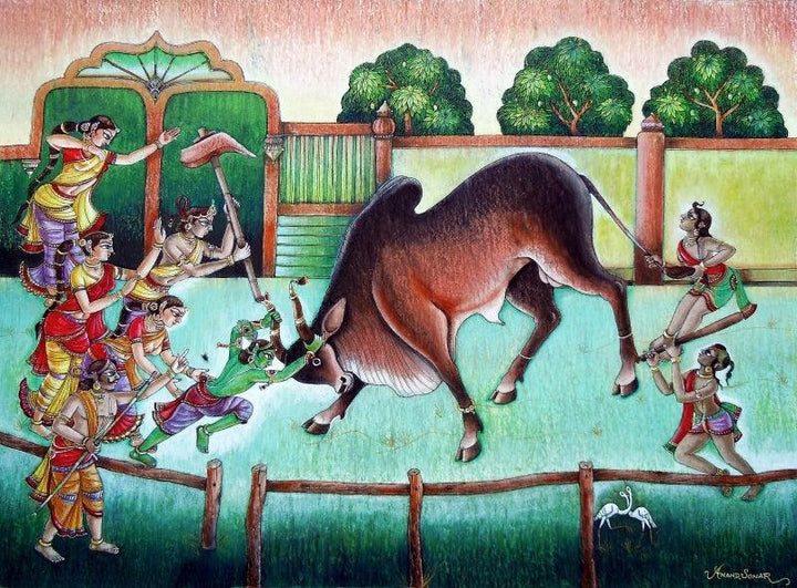 Religious mixed media painting titled 'Bull Fight', 20x29 inches, by artist Anand Sonar on Handmade Paper