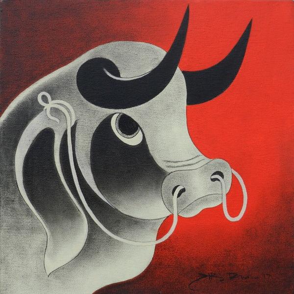 Animals acrylic painting titled 'Bull Head 1', 14x14 inches, by artist H R Das on Canvas