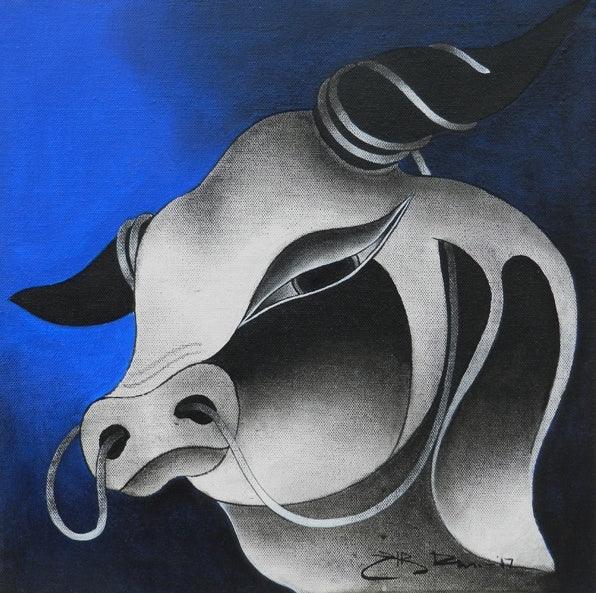 Animals acrylic painting titled 'Bull Head 2', 14x14 inches, by artist H R Das on Canvas