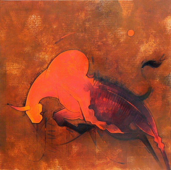 Figurative oil painting titled 'Bull III', 36x36 inches, by artist Amol Pawar on Canvas