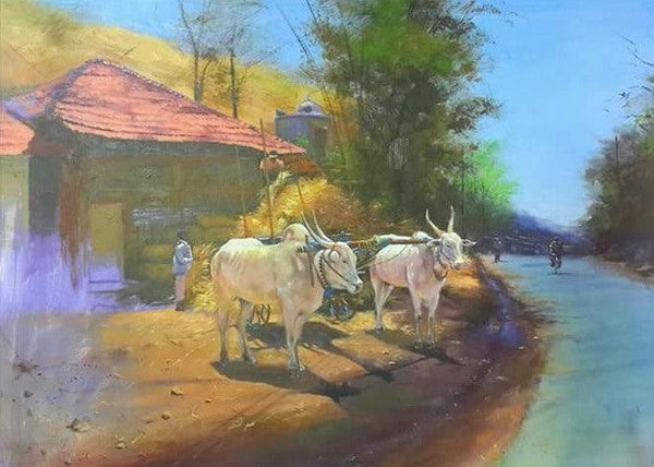 Cityscape acrylic painting titled 'Bull In Village', 24x36 inches, by artist Jitendra Gaikwad on Canvas