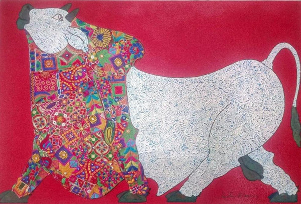 Animals mixed media painting titled 'Bull Kutch Work', 24x36 inches, by artist Sreekanth Kurva on Canvas