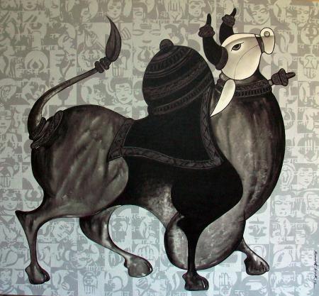 Animals acrylic painting titled 'Bull Looking Up', 44x48 inches, by artist Vivek Kumavat on Canvas