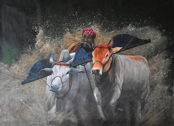 Realistic acrylic painting titled 'Bull race', 30x42 inches, by artist Lisha N T on Canvas