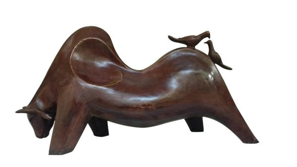 Animals sculpture titled 'Bull With Birds', 35x17x12 inches, by artist Asurvedh Ved on Bronze