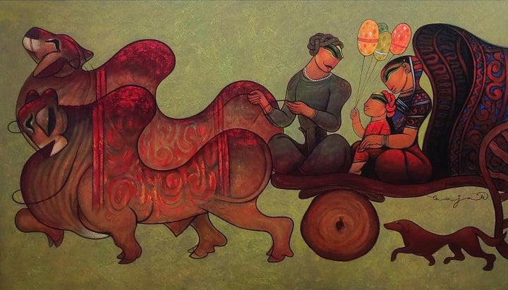 Figurative acrylic painting titled 'Bullock Cart 8', 42x72 inches, by artist Ramesh Gujar on Canvas