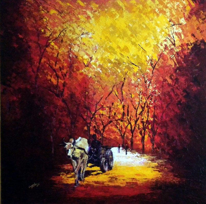 Nature acrylic painting titled 'Bullock Cart', 36x36 inches, by artist Ganesh Panda on Canvas