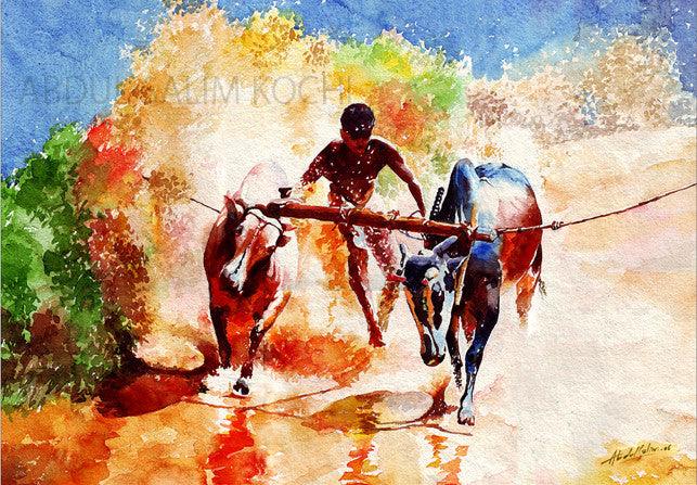 Figurative watercolor painting titled 'Bullock Race', 11x15 inches, by artist Abdul Salim on Paper