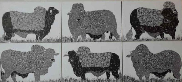 Animals pen drawing titled 'Bulls 9', 12x18 inches, by artist Rama Krishna V on Canvas