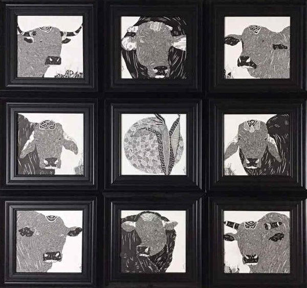 Animals pen drawing titled 'Bulls', 8x8 inches, by artist Rama Krishna V on Canvas Board