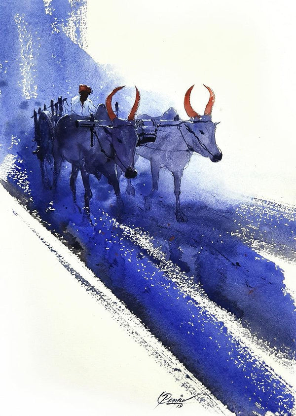 Figurative watercolor painting titled 'Bullwhacker 1', 15x11 inches, by artist Mv Renju on Handmade Paper