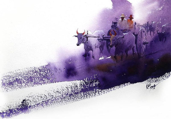 Figurative watercolor painting titled 'Bullwhacker 2', 11x15 inches, by artist Mv Renju on Handmade Paper