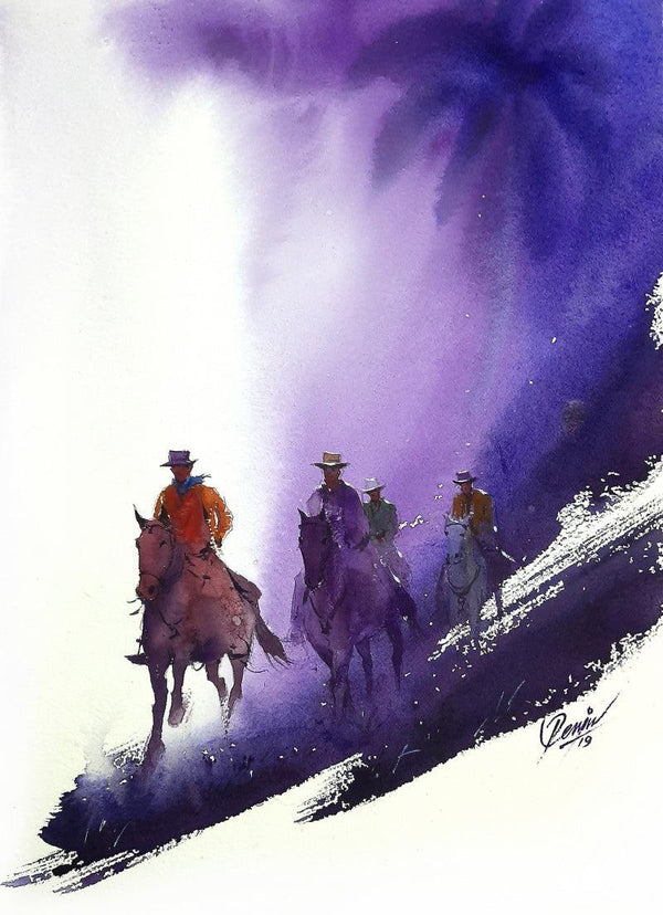 Figurative watercolor painting titled 'Bullwhacker 3', 15x11 inches, by artist Mv Renju on Handmade Paper