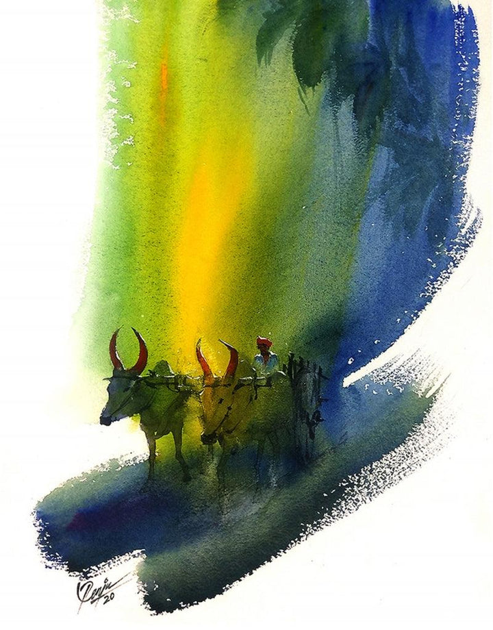 Figurative watercolor painting titled 'Bullwhacker', 15x11 inches, by artist Mv Renju on Handmade Paper