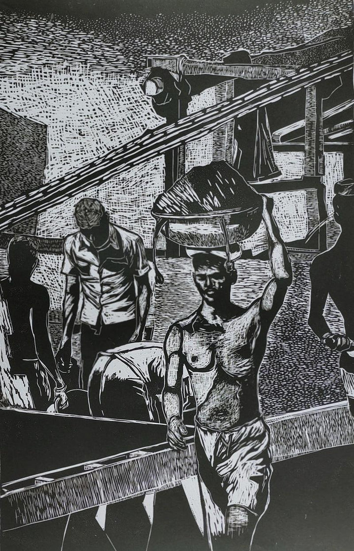 Figurative printmaking titled 'Bunder', 29x20 inches, by artist Pritam Deuskar on Paper